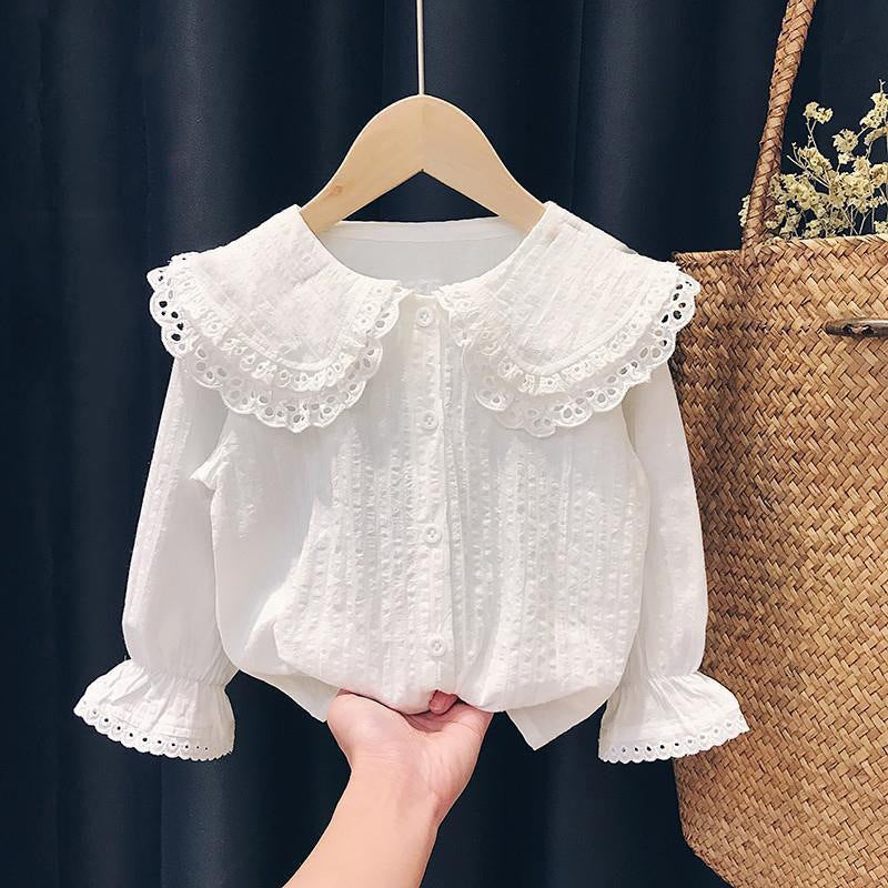 2025Autumn Children's Clothing Girls' Puff Sleeve Shirt Stylish Blue Plaid Baby Doll Long Sleeve Top
