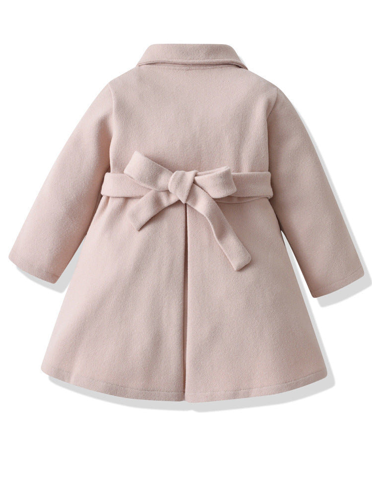 Cross-Border E-commerce Children's Coat Autumn Girls' Bow Thickened Korean Style Mid-Length Woolen Coat Manufacturer Wholesale
