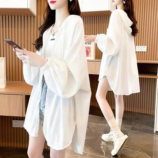 plus Size300White Long Sleeve Sun Protection Jacket for Women, Summer Versatile Mid-Length Loose Cardigan with Hood