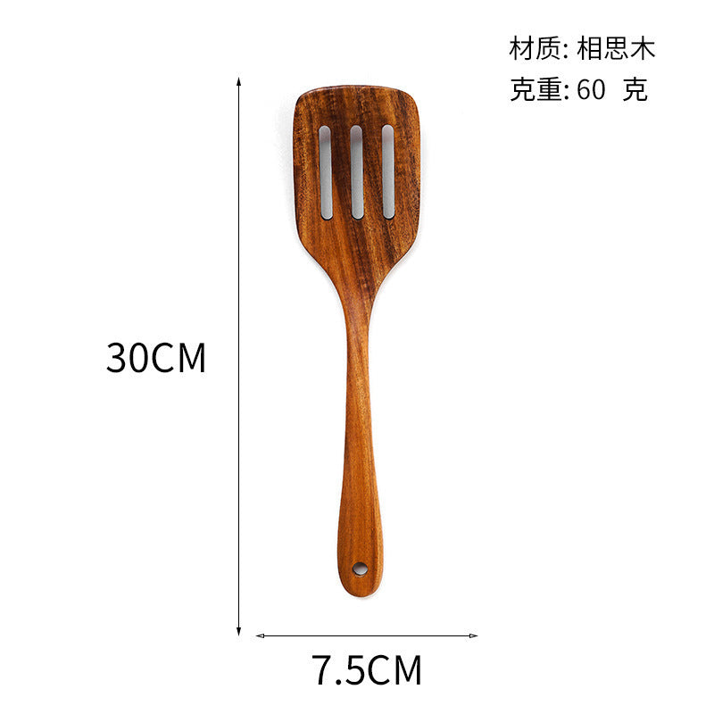 Acacia Wood Spatula Teak Wood Spatula and Spoon Set Solid Wood Household Cooking Spoon Strainer Spoon Small Leaf Three-Line Frying Spatula In Stock