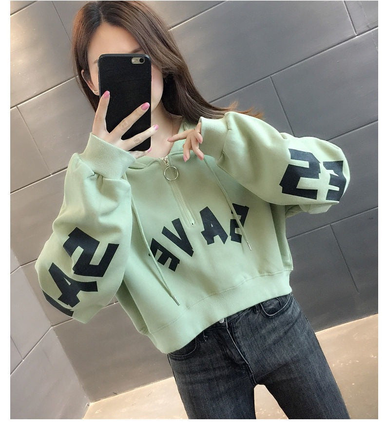 Half Zipper Hooded Short Petites Sweatshirt Women2025New Early Autumn Thin High-Waisted Stylish Streetwear Jacket Trend