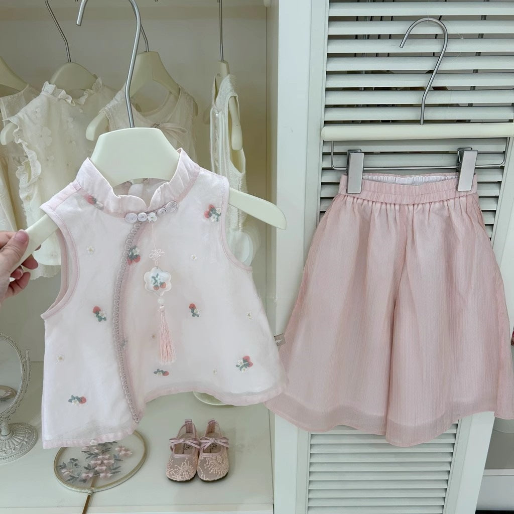 【Sweet Little Chef】Drunk Peach Blossom！Baby Girl New Chinese Style Pink Jacquard Cheongsam Straight Pants Fashionable Set