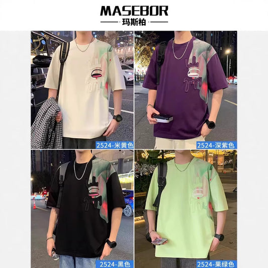 NASA Ice silk short sleeve t Men's Summer Thin Round Neck Shirt T Half-sleeve Shirt Trendy Brand Color-blocking Patchwork Design Casual