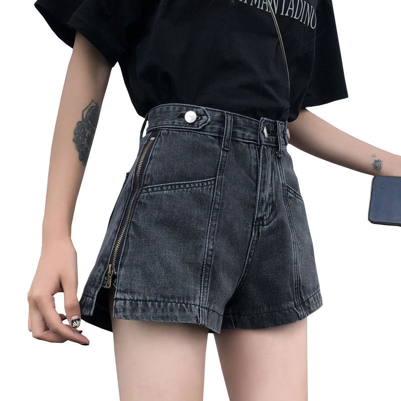 Side Zipper High Waist Denim Shorts Women Summer Loose Fit2025New Year's Slimming Letter Print Wide-Leg Hot Pants Trend