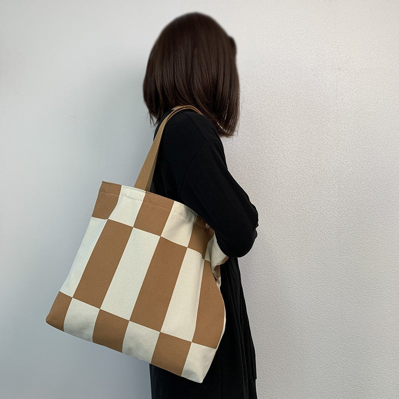 Canvas bag for women, single shoulder, suitable for college students to carry books ins Korean Style Zippered Artistic Design Handheld Canvas Bag