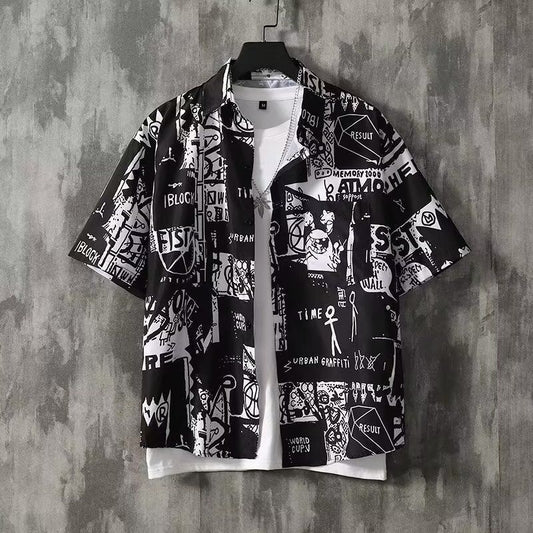 Japanese Retro Print Short Sleeve Shirt Men Letter Shirt Loose Casual Versatile Thin Short Sleeve Shirt