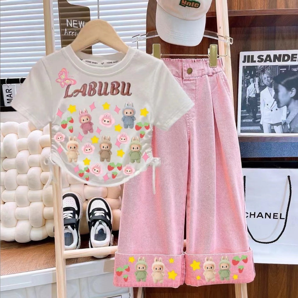 Girls' Bowknot Jeans2025New Style Children's Fashionable Wide-Leg Pants for Older Kids, Long Straight-Leg Pants