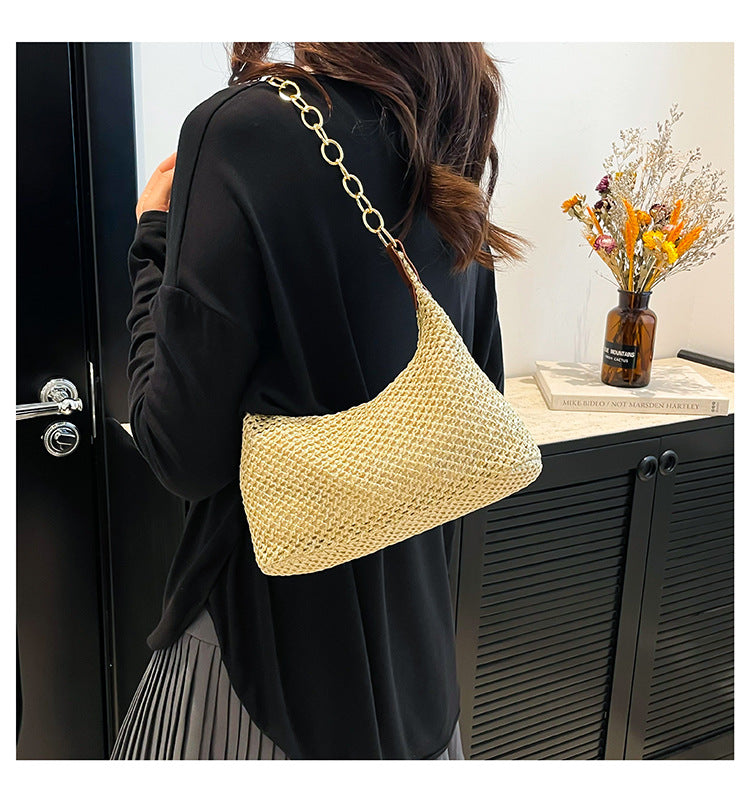 South Korea ins Vintage Woven Tote Bag Straw Bag Large Capacity Underarm Bag Shoulder Bag Vacation Style Beach Bag for Women