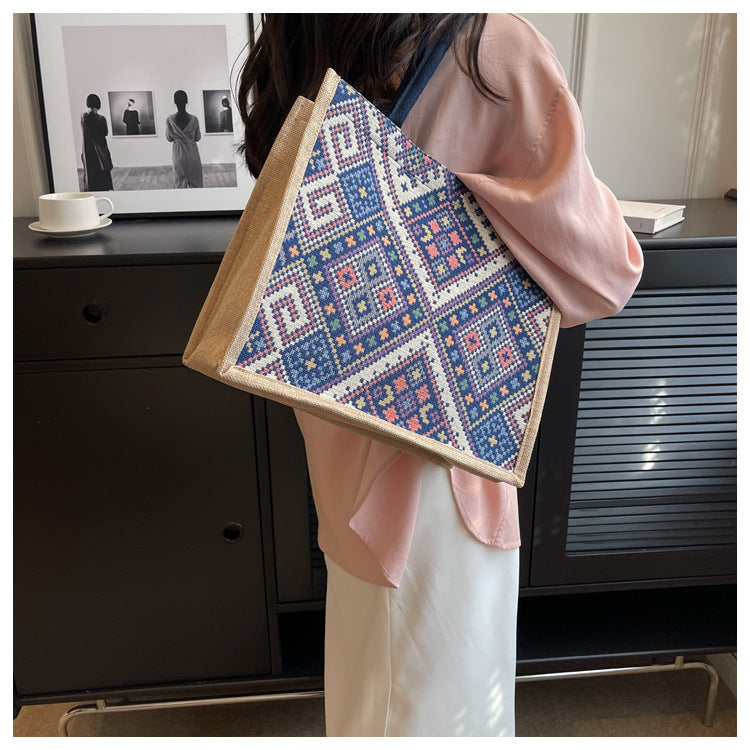 Large Capacity Commuter Bag Women2023New Fashion Single Shoulder Tote Bag Ethnic Style Student Handbag Class Bag Trendy