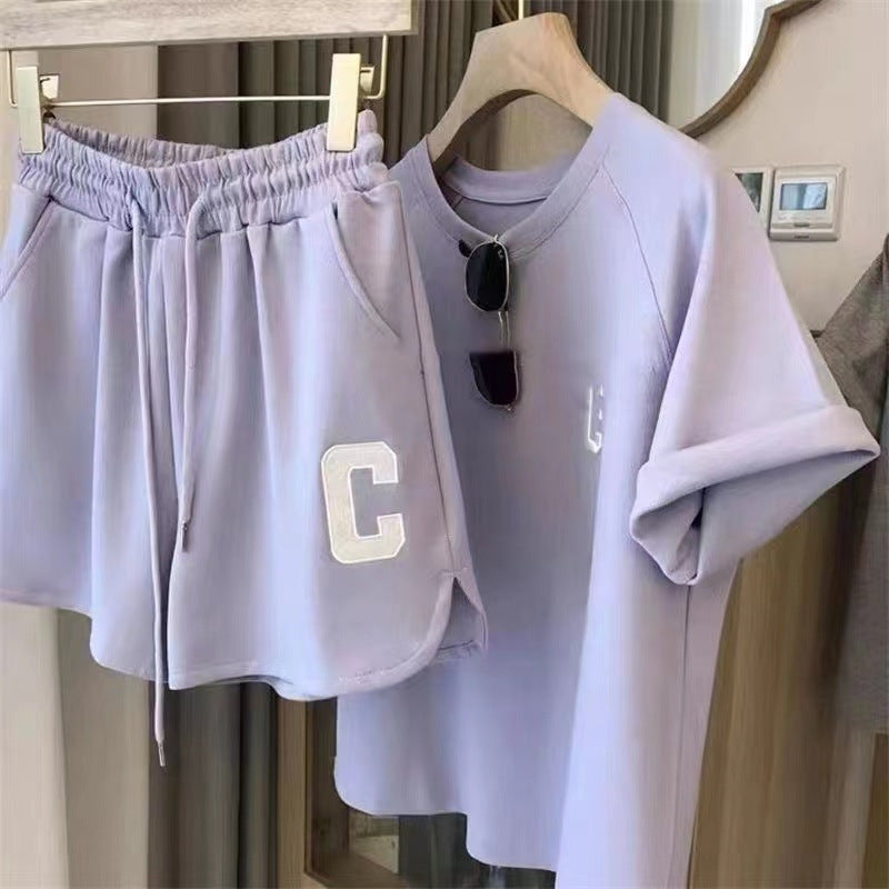Original quality Amazon Korean style women's summer loose short sleeve T T-shirt shorts sports embroidered letter casual set