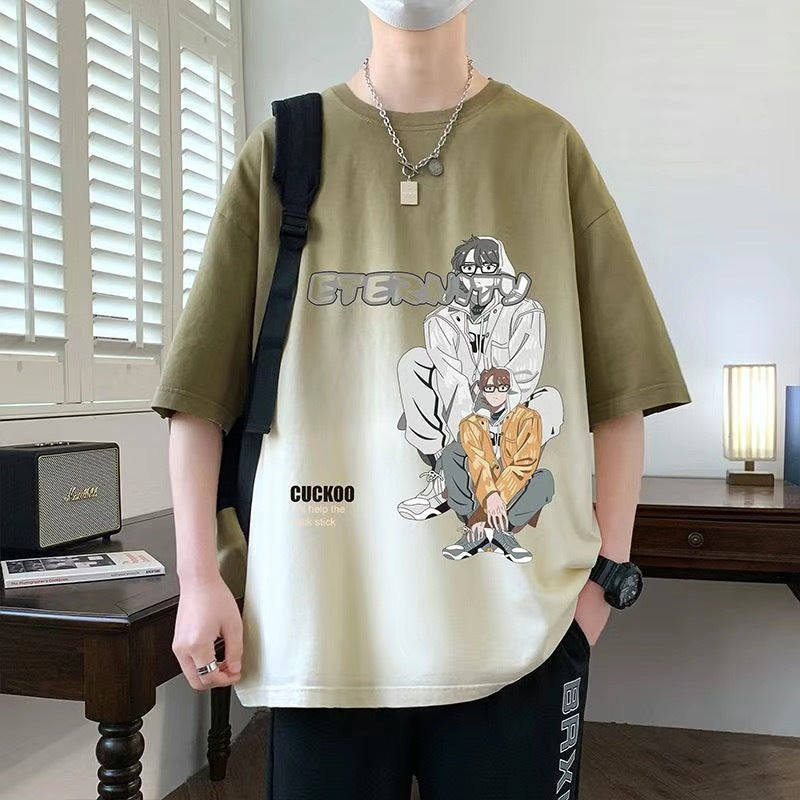 2025Summer New Men's Youth Casual Stylish Trendy Loose Short Sleeve T Shirt Gradient Color for Middle and High School Students