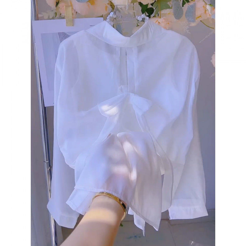 2025Summer Gentle Sweet Back Bow Pearl Sunscreen Blouse for Women Thin Sheer Chiffon Shirt Top