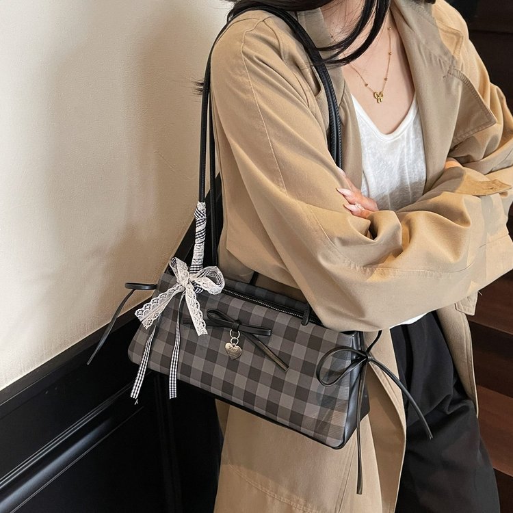Dopamine Plaid Handbag Small Tote Bag for Women Summer2025New Ballet Style Bow Baguette Bag Underarm Bag Trendy