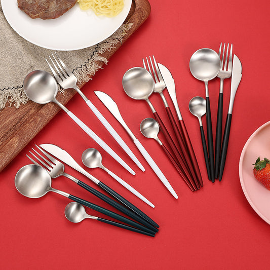 Cross-Border304Stainless Steel Portuguese Cutlery Set Knife Fork Spoon Round Handle Thick Western Cutlery Nordic Hotel Steak Knife