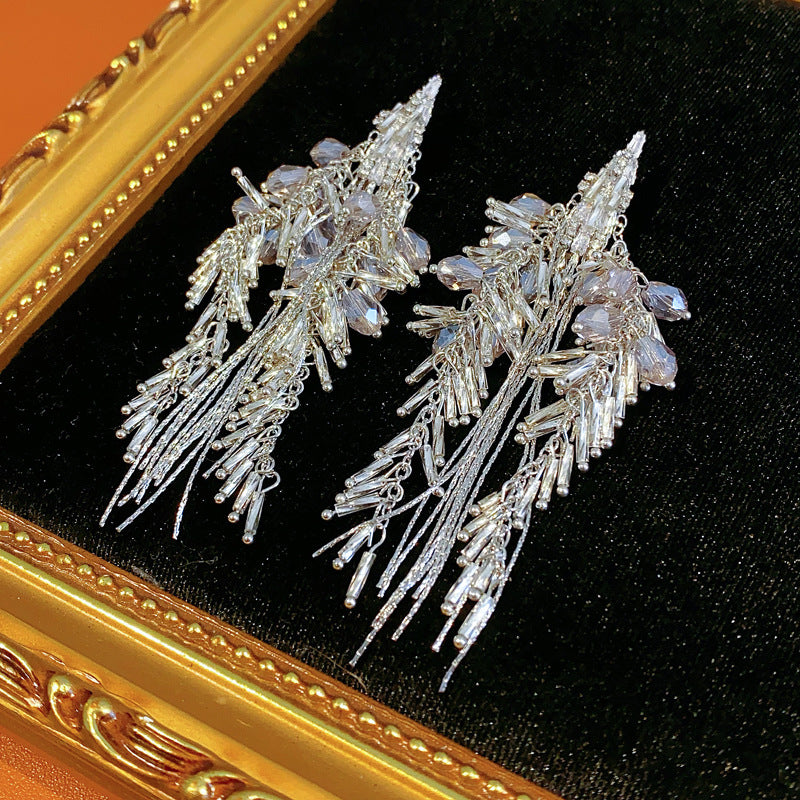 Silver Needle Inlaid Diamond Glass Tassel Earrings Fashion European and American Exaggerated Heavy Craft Stud Earrings Light Luxury High-end Niche Earrings for Women