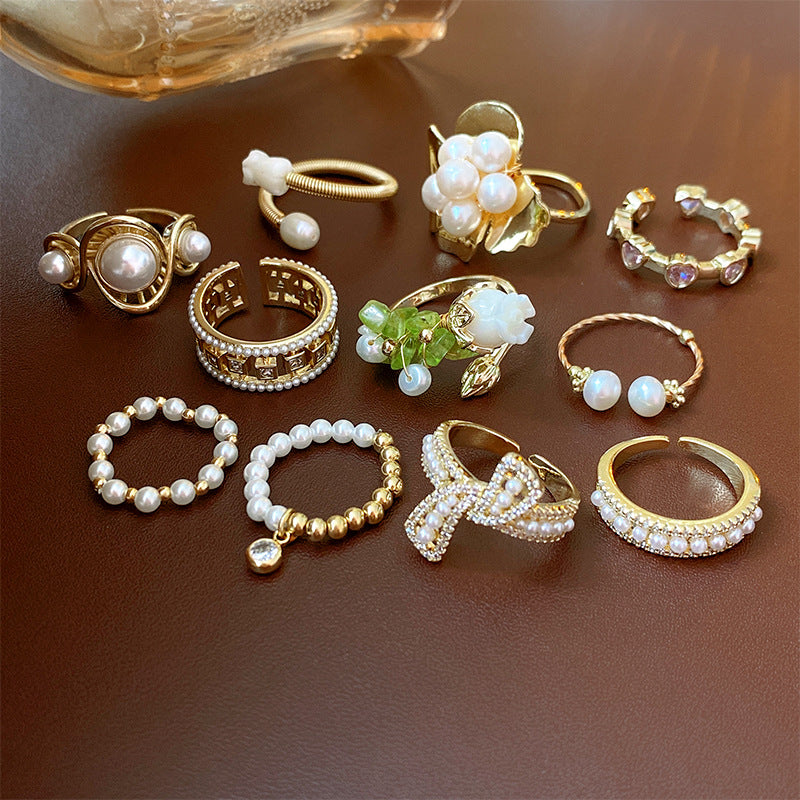 Real Gold Plated Baroque Pearl Tulip Flower Open Ring Korean Fresh Sweet Forest Style Light Luxury Jewelry