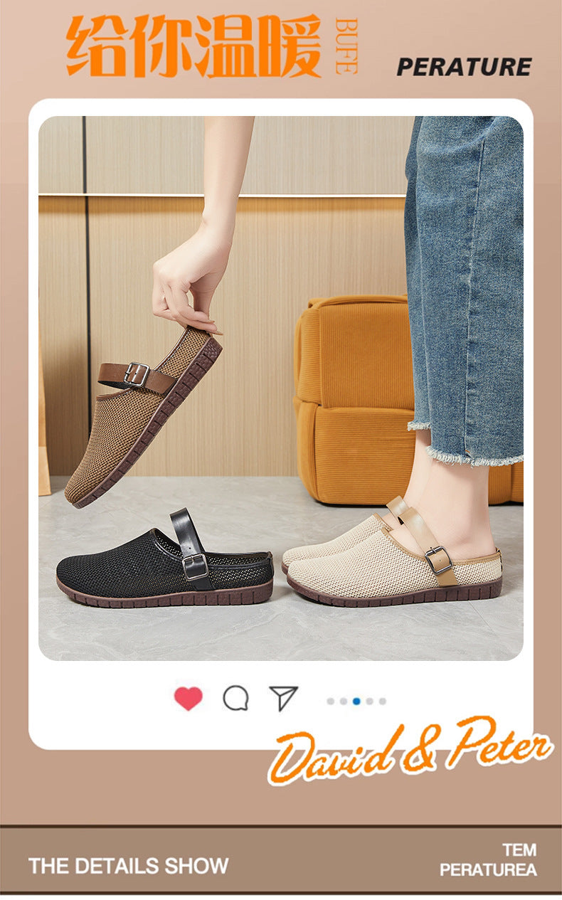 Shoes Women's Casual New Style Versatile Soft Sole Sandals insF French Style Women's Outdoor Slippers Flyknit Mesh Closed Toe Half Slipper