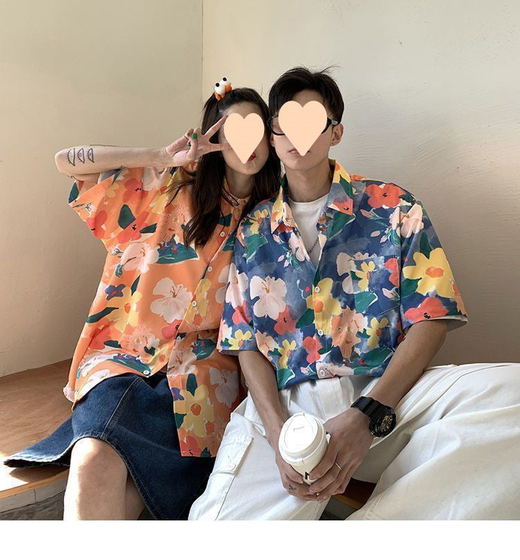 Summer Short Sleeve Floral Shirt for Men and Women Hawaiian Retro Hong Kong Style Loose Ice Silk Shirt Couple Outfit
