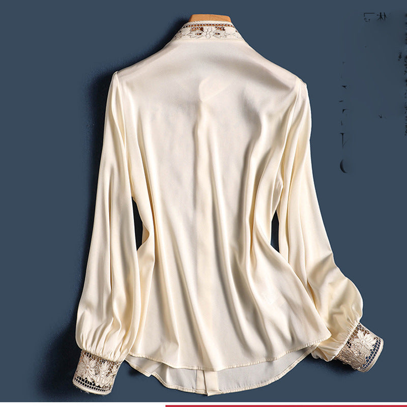 D Luxurious and Elegant Style~Silk Hollow Embroidery Silk Shirt for Women Long Sleeve Fashion Cardigan Summer Top