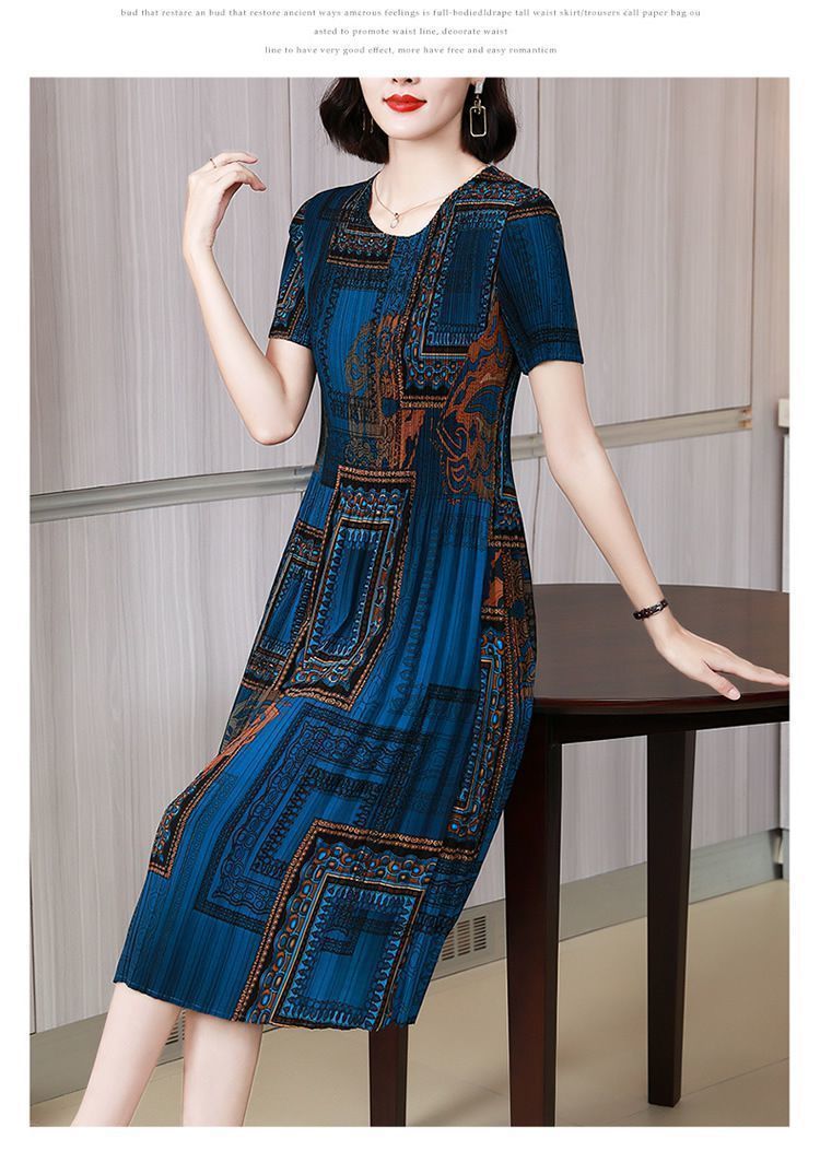 Pleated Printed Short Sleeve Mid-Length Mom Dress2025Summer Retro Round Neck Casual Loose Plus Size Dress