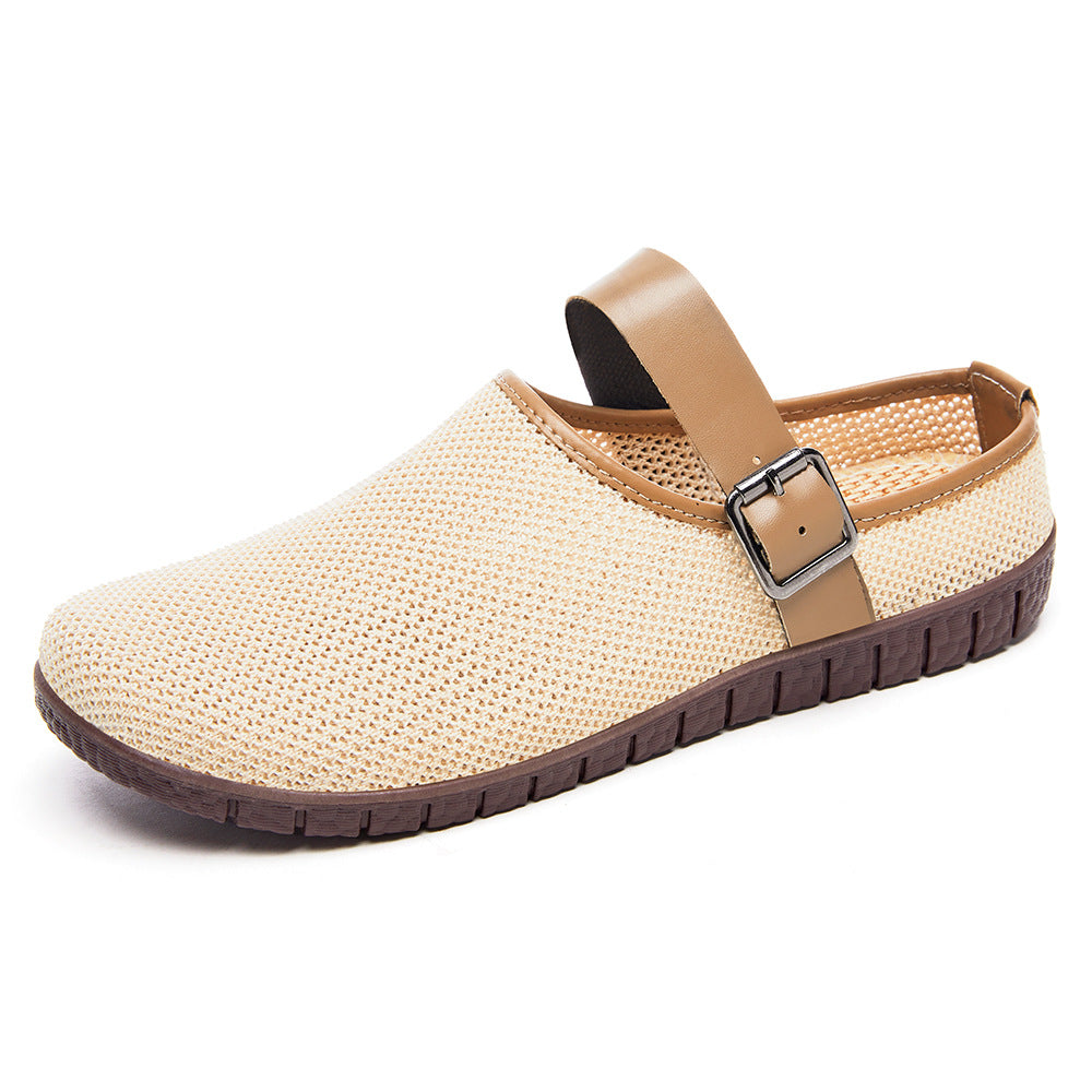 Shoes Women's Casual New Style Versatile Soft Sole Sandals insF French Style Women's Outdoor Slippers Flyknit Mesh Closed Toe Half Slipper