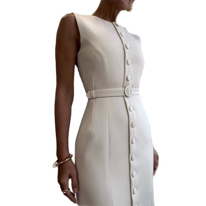 2025Summer New European and American Amazon Cross-Border Women's Solid Color Round Neck Sleeveless Single-Breasted Multi-Button Elegant Dress