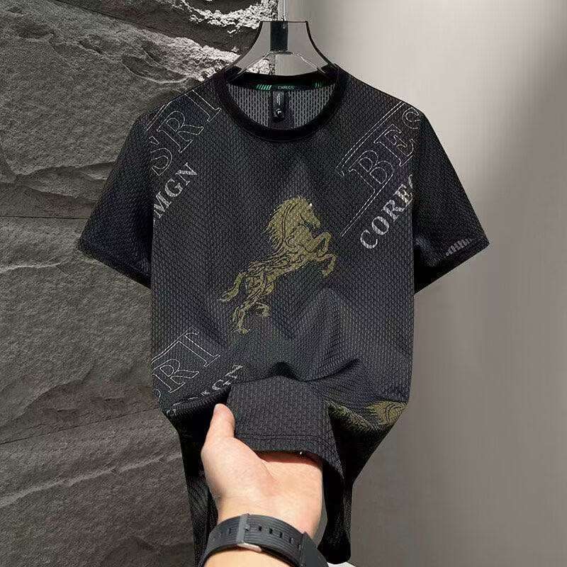 Foreign Trade Ice Silk Short Sleeve t Men's Summer Trendy Brand Short Sleeve T-Shirt2025New casual quick-dry men's top