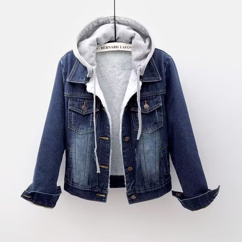 In-stock Short Cotton Jacket2025Winter Fleece-Lined New Cotton Jacket Loose Korean Style Denim Fur Collar Thickened Coat for Women