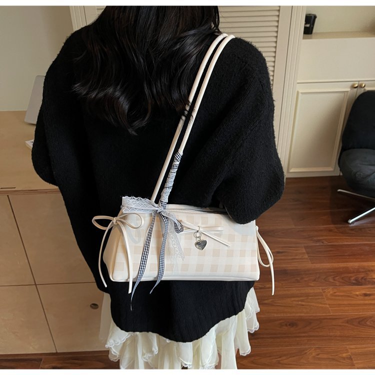 Dopamine Plaid Handbag Small Tote Bag for Women Summer2025New Ballet Style Bow Baguette Bag Underarm Bag Trendy