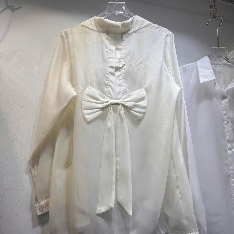 2025Summer Gentle Sweet Back Bow Pearl Sunscreen Blouse for Women Thin Sheer Chiffon Shirt Top