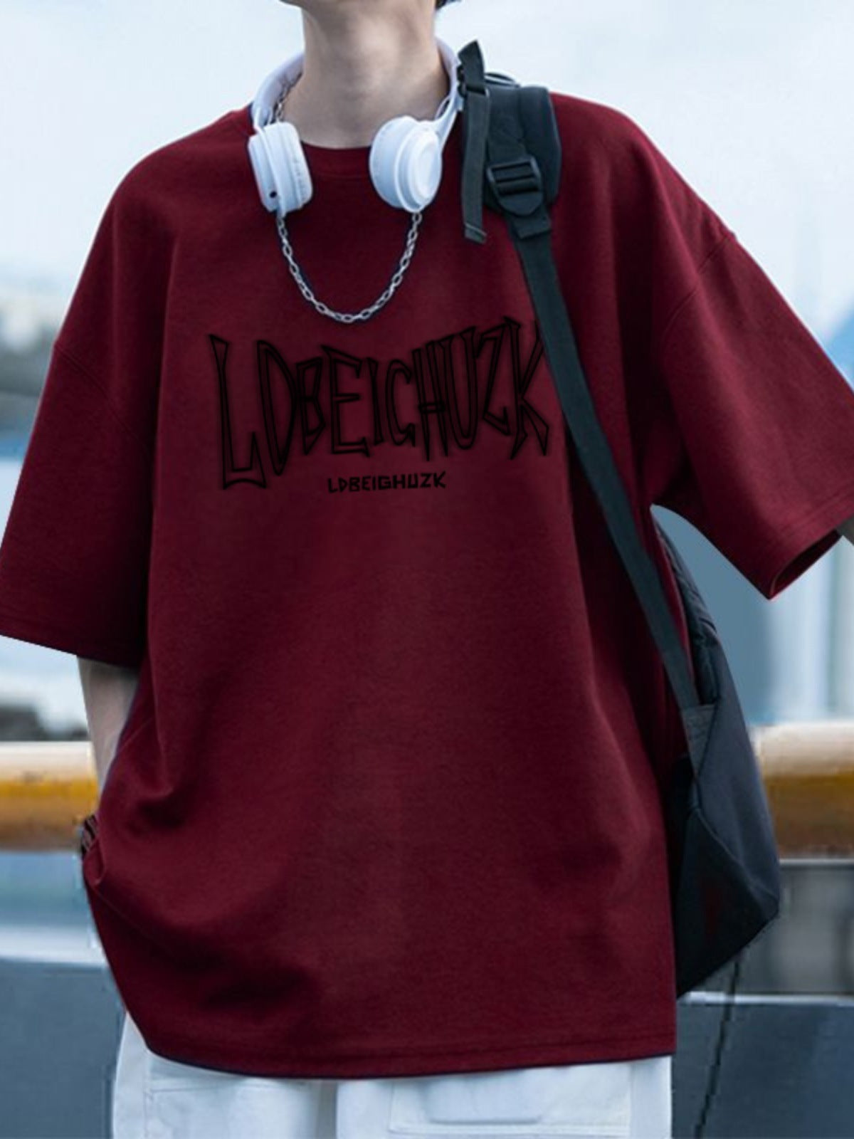 Heavy Cotton Wine Red Short Sleeve t Men's Summer T-shirt2025New American High Street Style T Loose Casual T-Shirt