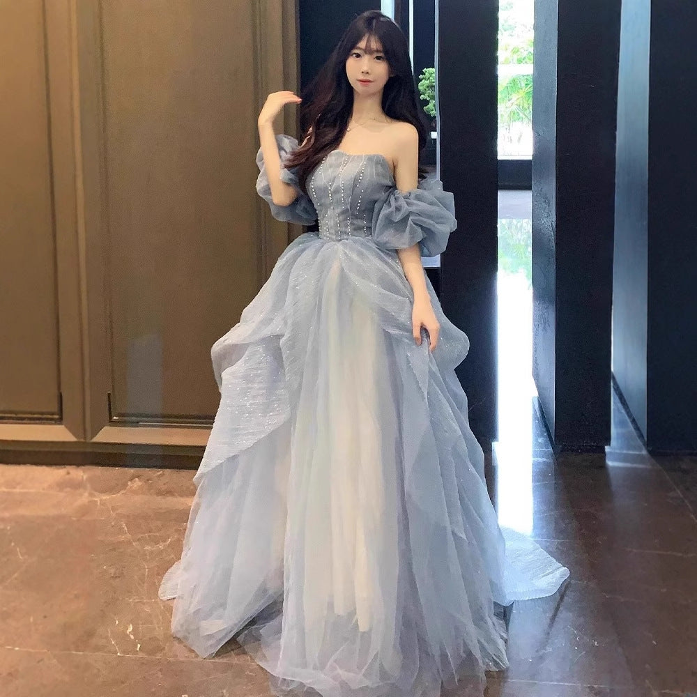 Blue Strapless Dress Puff Skirt Runaway Princess Fairy Dress Light Luxury High-end Evening Dress Host Slim Fit Elegant