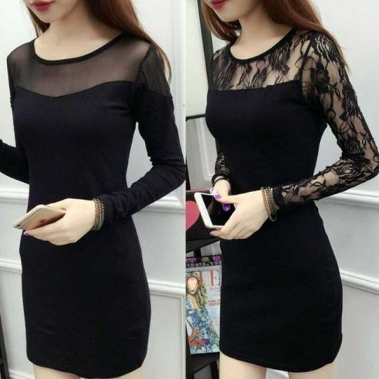Plus Size Fat2024Spring and Autumn New Korean Style Striped Lace Mesh Patchwork Bodycon Mid-Length Shirt Dress