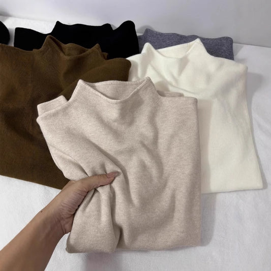Soft and Cozy Half Turtleneck Knitted Sweater for Women, Autumn and Winter Versatile Top, Korean Style Slimming Solid Color Inner Layer, Mid-Neck Sweater, Base Shirt