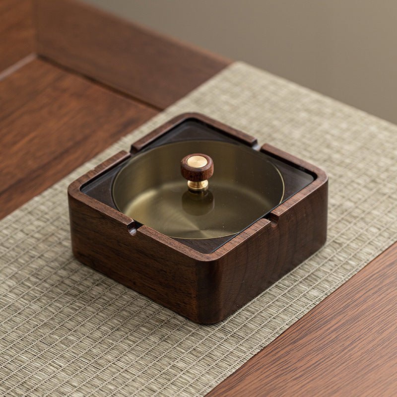 Walnut Ashtray for Home Living Room with Lid, Anti-Fly Ash, Stainless Steel Inner Liner, Creative Office Quality Ashtray