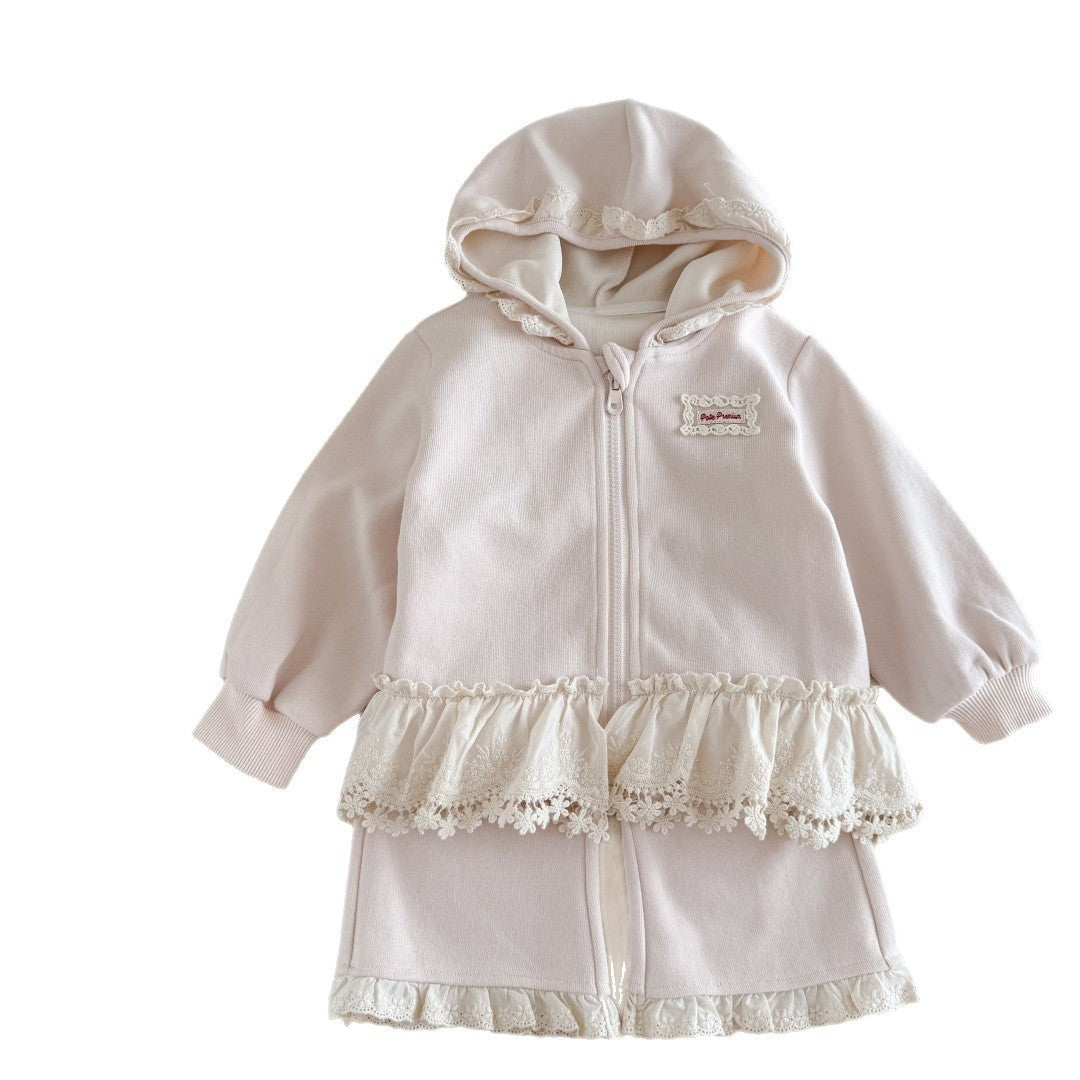 Sweet Little Girl Outfit Autumn New Fashionable Children's Lace Hooded Two-Piece Set Jacket Baby Pants
