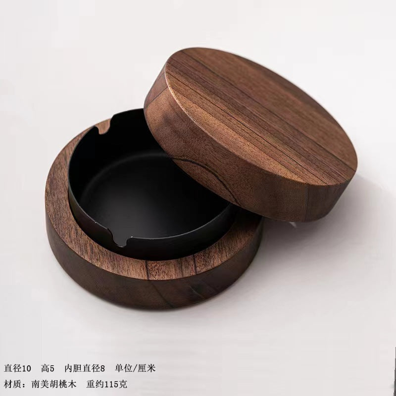 Walnut Ashtray for Home Living Room with Lid, Anti-Fly Ash, Stainless Steel Inner Liner, Creative Office Quality Ashtray