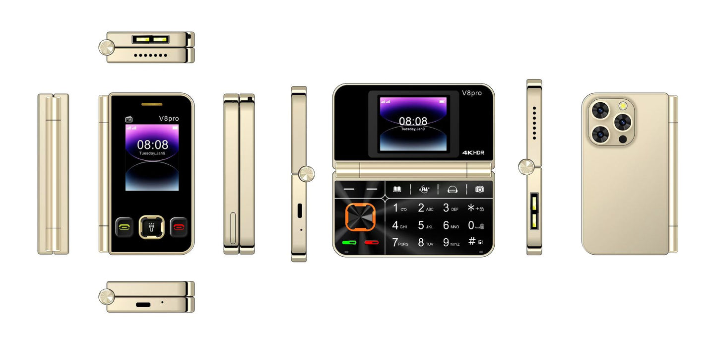 Cross-Border Foreign Trade V8pro Dual Screen Folding Flip Function Phone2G Elderly Foreign Language Mobile Phone Large Buttons Flashlight