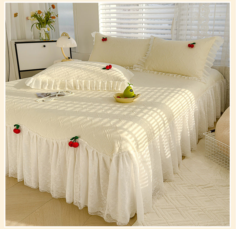 Summer Ice Silk Cooling Mat Lace Edge Cool Soft Mat Three-Piece Set Ethylene Fiber Ice Bean Mat Bed Skirt Style Bedding