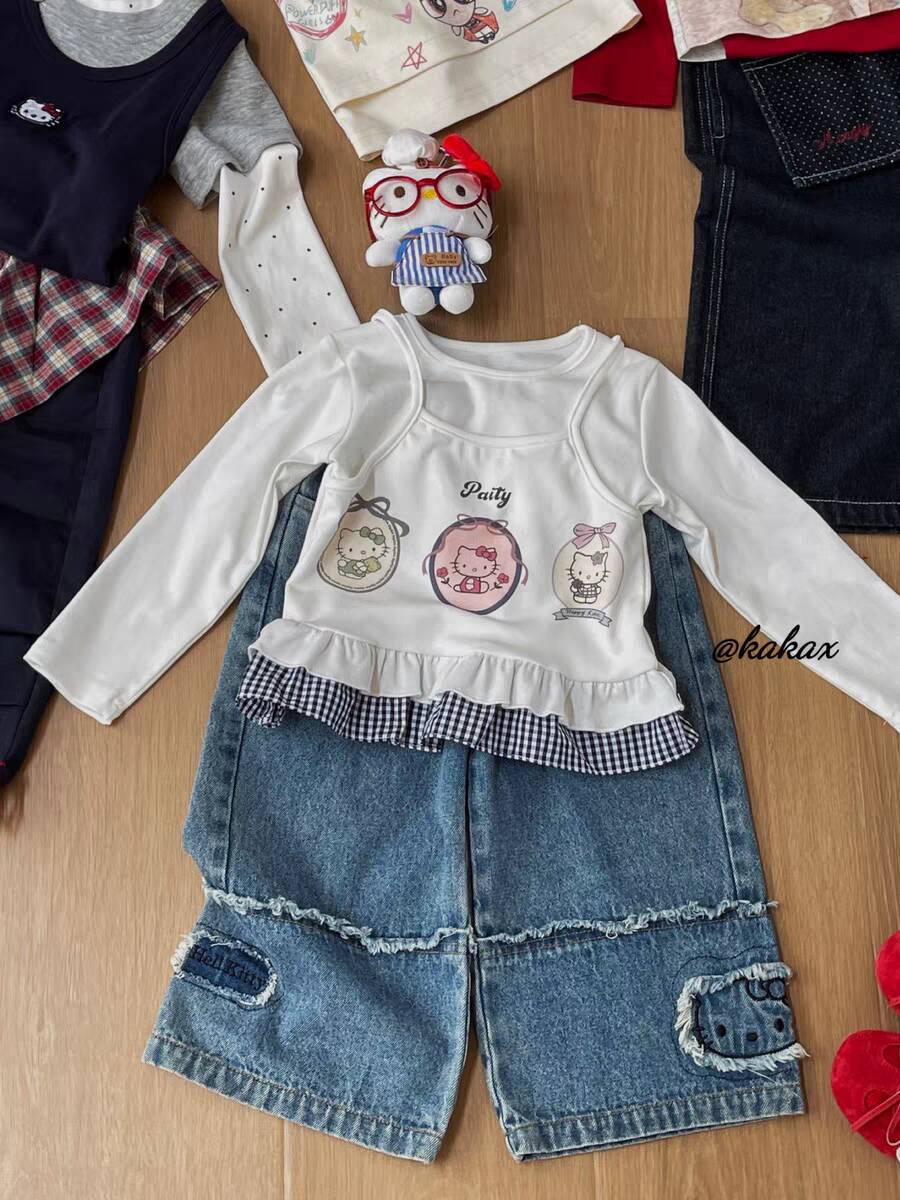 Sweet Little Girl Autumn Long Sleeve Outfit T New Korean Style Fashionable Baby Girl Fake Two-Piece Lace Base Shirt Top