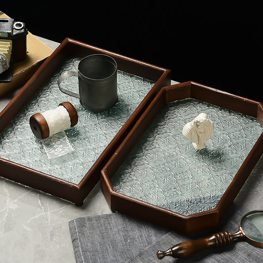 Begonia Embossed Glass Tray Walnut Color Rectangular Tea Tray Storage Ornaments Tea Water Cup Fruit Snack Plate