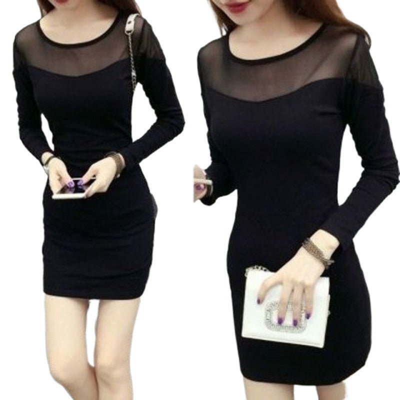 Plus Size Fat2024Spring and Autumn New Korean Style Striped Lace Mesh Patchwork Bodycon Mid-Length Shirt Dress