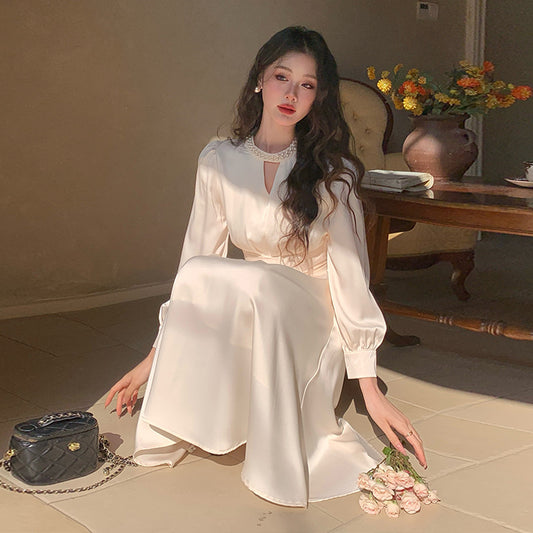 French A Line skirt2025Spring and Summer New Women's Long Sleeve Dress Waist Slimming Elegant Acetate Satin Long Dress