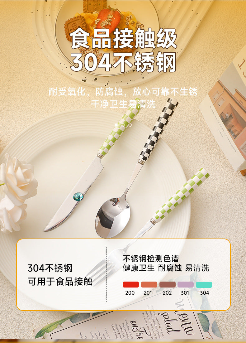 ins Checkerboard Pattern Western Steak Knife and Fork Ceramic Handle Stainless Steel Fork Spoon Dessert Cutlery Set Three-Piece Set