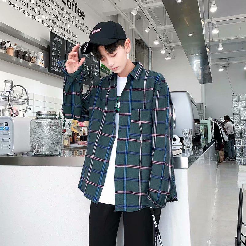 2025Plaid Long Sleeve Shirt Men Korean Version Slim Fit Youth Trendy Handsome Shirt Couple Casual Thin Shirt
