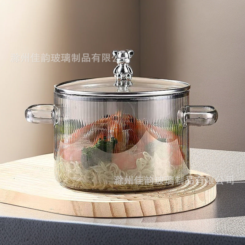 Creative Bear Double Ear Soup Pot Striped Pot Glass Transparent Health Pot Electric Ceramic Stove Heatable Instant Noodle Bowl Milk Pot