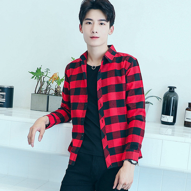 2025Plaid Long Sleeve Shirt Men Korean Version Slim Fit Youth Trendy Handsome Shirt Couple Casual Thin Shirt