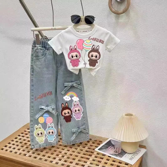 Girls' Bowknot Jeans2025New Style Children's Fashionable Wide-Leg Pants for Older Kids, Long Straight-Leg Pants