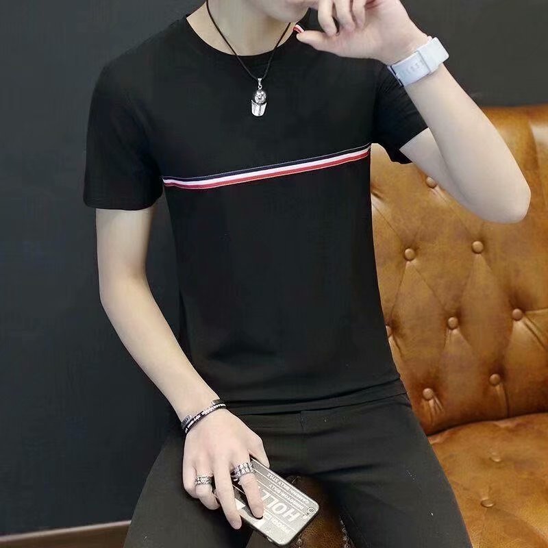 2025Cross-border Trade Summer New Style for Teenagers N Men's Short Sleeve Color Block Crew Neck Trendy Half Sleeve t Shirt Top