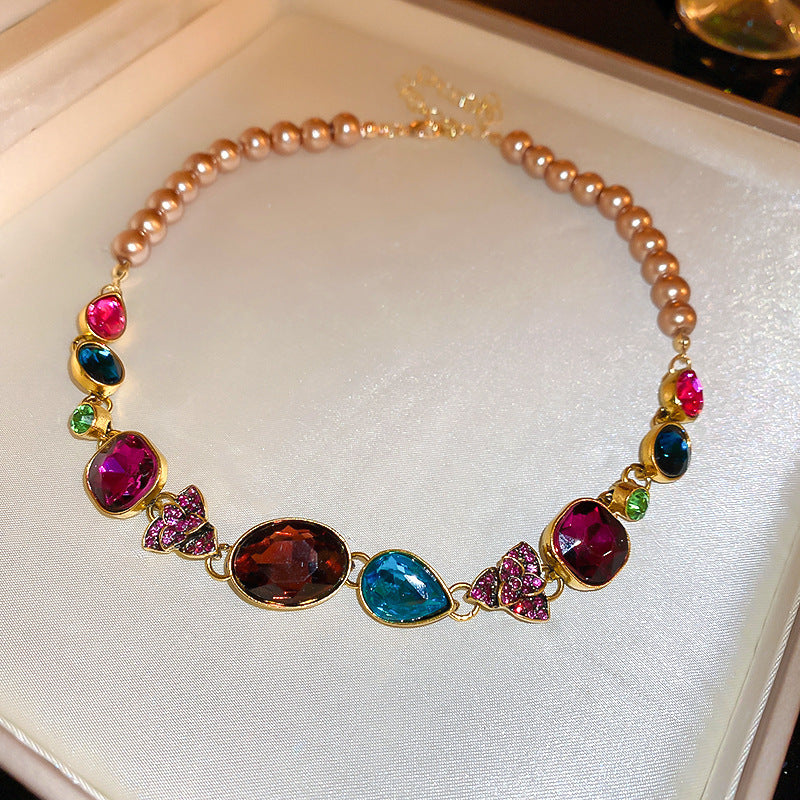 Medieval vintage Light Luxury Necklace Palace Style Heavy Craft Inlaid Diamond Water Drop Collarbone Chain High-end Vintage Necklace for Women
